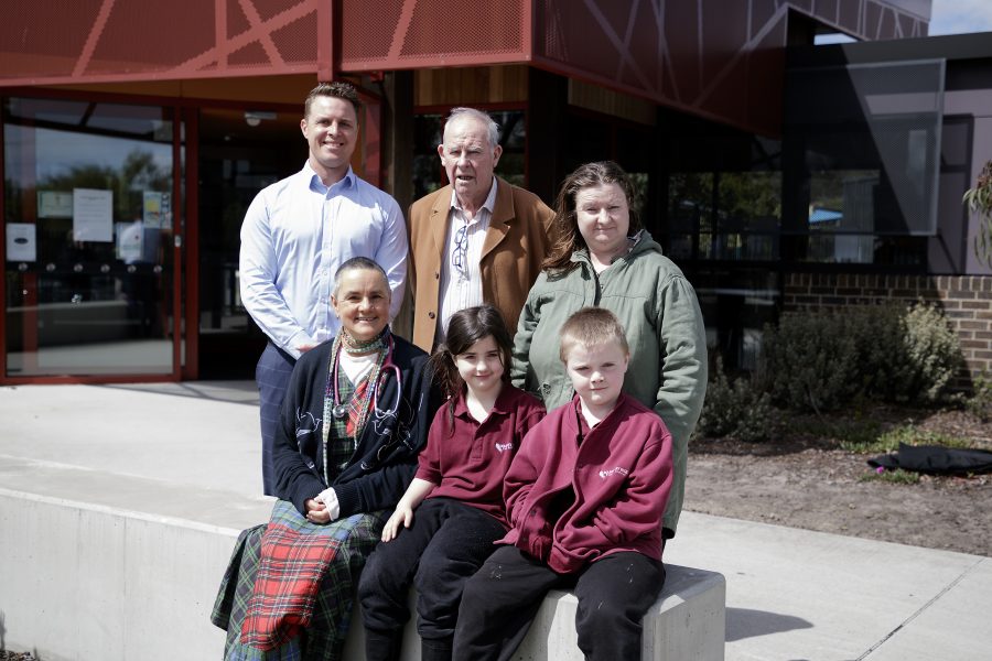 Jack Mazurek, Mr Kevin Johnson, Kerrie, Dr Vanessa Gabriel and twins Jackson and Lilly at Mahogany Rise Primary School.