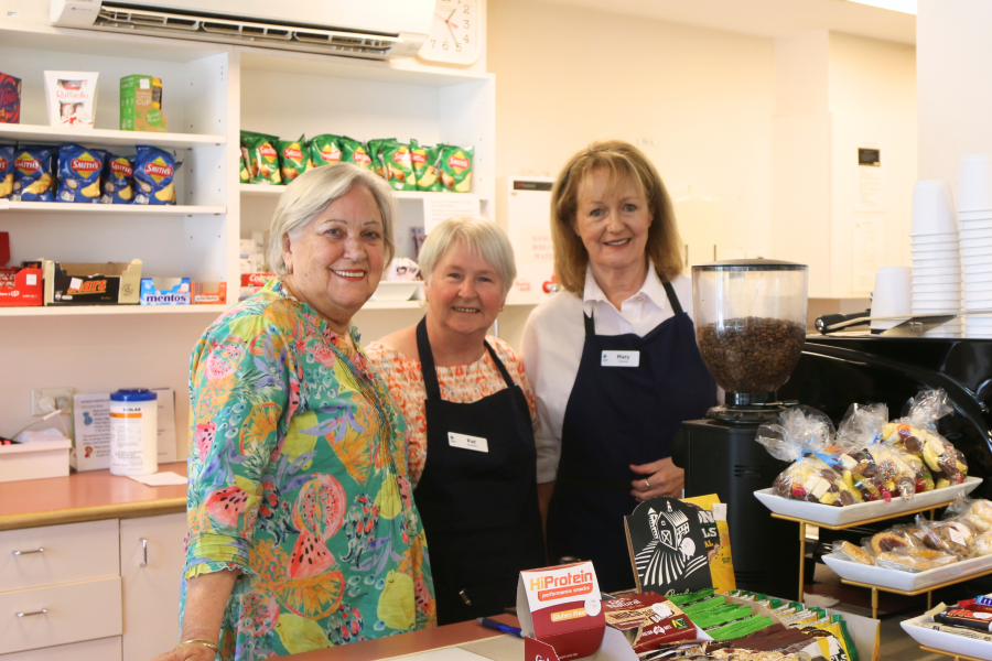Image: President Margaret with Kiosk volunteers Pat and Mary.
